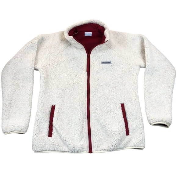 Columbia Womens Sherpa Fleece Full-Zip Jacket Medium White Red White Cozy Casual - Picture 1 of 9